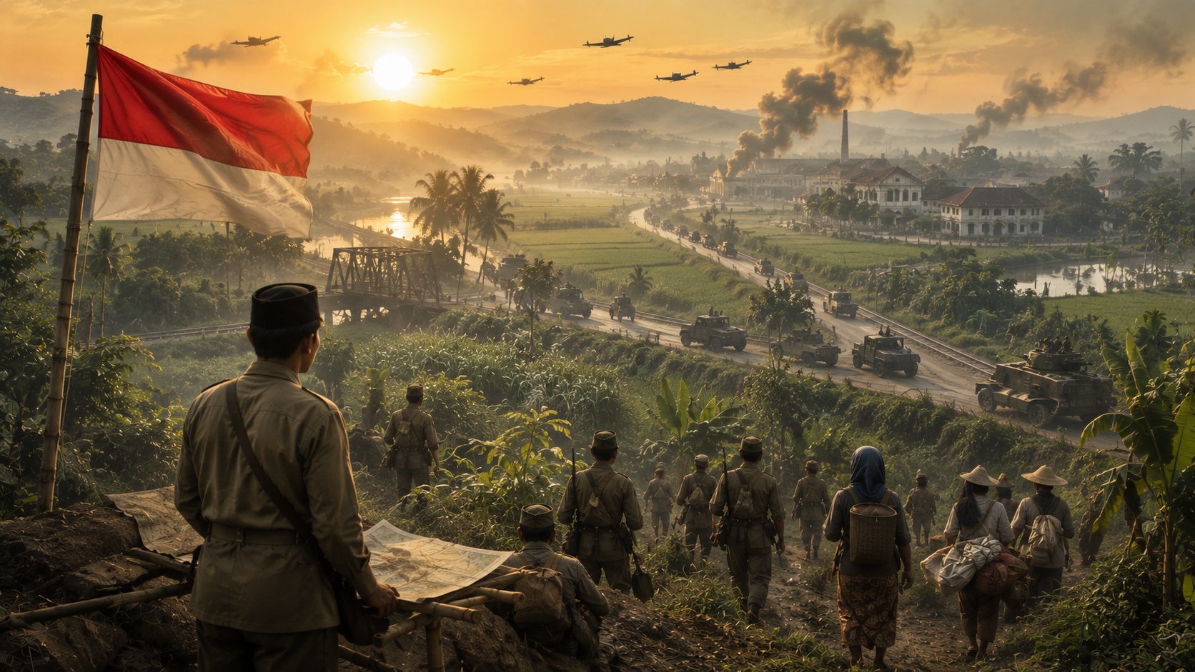 Ilustrasi dokumenter sejarah Agresi Militer Belanda I pada 21 Juli 1947 yang menampilkan Tentara Republik Indonesia (TRI) bersiap melakukan perang gerilya menghadapi Operasi Product yang dilancarkan Belanda di Pulau Jawa.