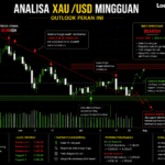 Grafik analisa XAU/USD mingguan menampilkan prediksi pergerakan harga emas dunia berdasarkan analisa teknikal dan fundamental.