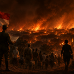 Ilustrasi fotorealistis Bandung Lautan Api pada 24 Maret 1946 yang menggambarkan evakuasi rakyat dan strategi bumi hangus dalam mempertahankan kemerdekaan Indonesia.