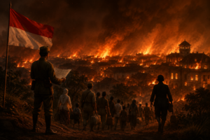 Ilustrasi fotorealistis Bandung Lautan Api pada 24 Maret 1946 yang menggambarkan evakuasi rakyat dan strategi bumi hangus dalam mempertahankan kemerdekaan Indonesia.