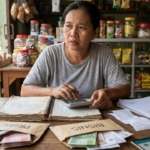 Pelaku UMKM menghitung HPP atau harga pokok penjualan menggunakan kalkulator dan laptop untuk menentukan harga jual produk.
