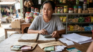 Pelaku UMKM menghitung HPP atau harga pokok penjualan menggunakan kalkulator dan laptop untuk menentukan harga jual produk.
