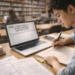 Mahasiswa sedang menulis motivation letter untuk pendaftaran Global Korea Scholarship (GKS) menggunakan laptop dan dokumen di meja belajar.