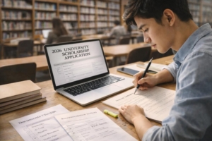 Mahasiswa sedang menulis motivation letter untuk pendaftaran Global Korea Scholarship (GKS) menggunakan laptop dan dokumen di meja belajar.