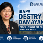 Ilustrasi profil Destry Damayanti sebagai Pelaksana Tugas Gubernur Bank Indonesia dengan latar gedung Bank Indonesia.