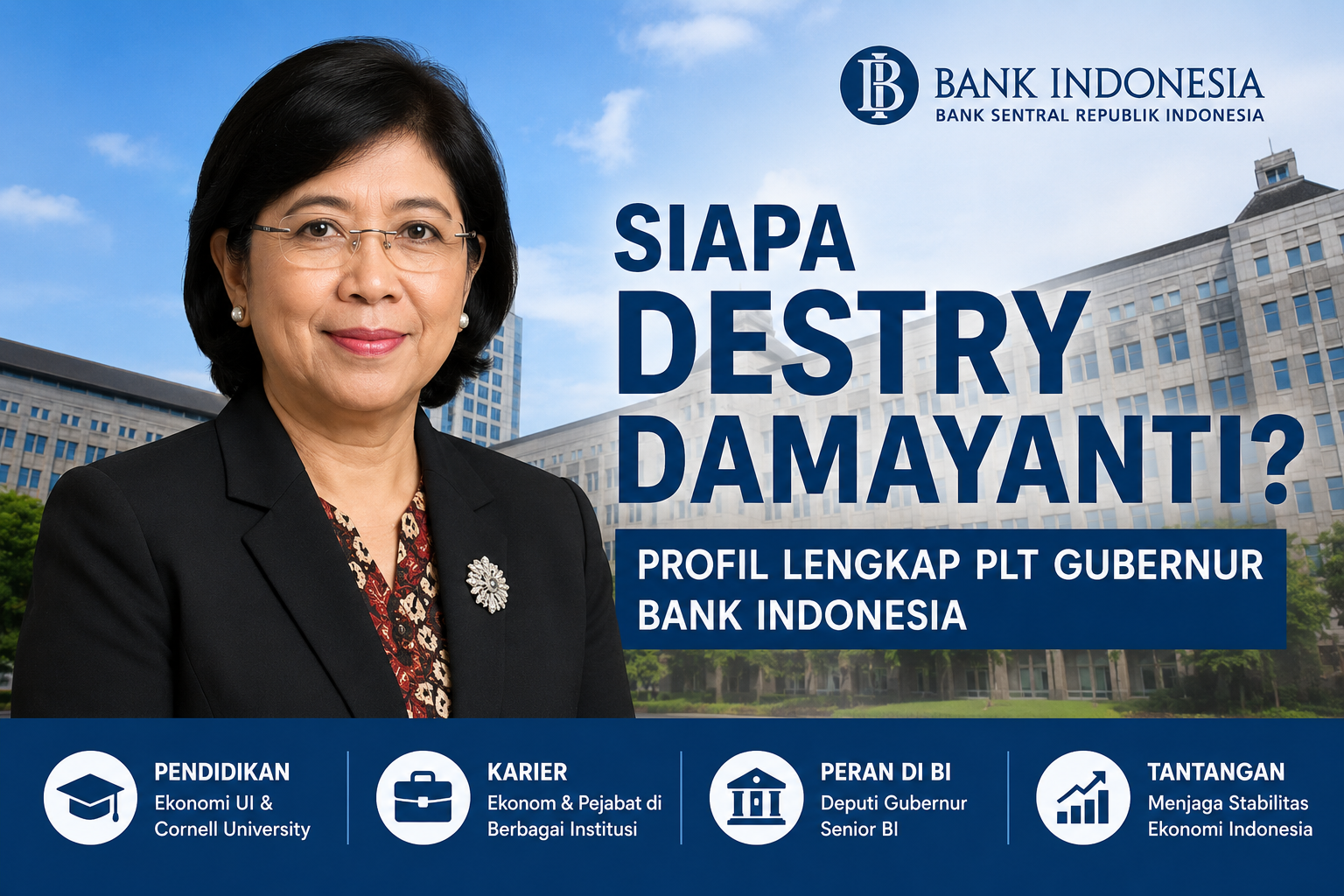 Ilustrasi profil Destry Damayanti sebagai Pelaksana Tugas Gubernur Bank Indonesia dengan latar gedung Bank Indonesia.