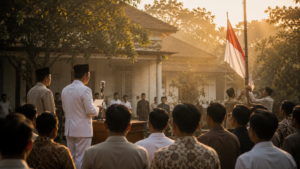 Ilustrasi detik-detik Proklamasi Kemerdekaan Indonesia pada 17 Agustus 1945 di Pegangsaan Timur No. 56, Jakarta, dengan pembacaan Proklamasi dan pengibaran Sang Saka Merah Putih.