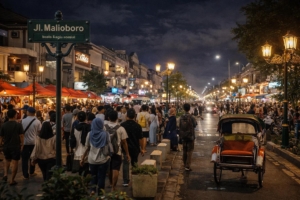 Suasana kawasan Malioboro di Yogyakarta sebagai destinasi utama dalam itinerary liburan 3 hari 2 malam.