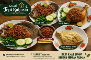 Menu andalan Kedai Tepi Rahasia di Parung Panjang terdiri dari Pecak Ayam, Pecak Nila, Pecak Gurame, dan Ayam Kukus Jahe dengan Sambal Rempah Formula Tepi Rahasia.