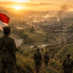 Ilustrasi fotorealistis Palagan Ambarawa pada Desember 1945 yang menampilkan strategi Supit Urang, pasukan Tentara Keamanan Rakyat (TKR), dan kepemimpinan Kolonel Soedirman dalam perjuangan mempertahankan kemerdekaan Indonesia.