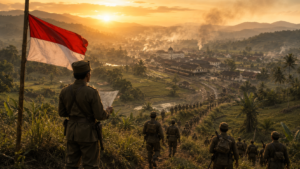 Ilustrasi fotorealistis Palagan Ambarawa pada Desember 1945 yang menampilkan strategi Supit Urang, pasukan Tentara Keamanan Rakyat (TKR), dan kepemimpinan Kolonel Soedirman dalam perjuangan mempertahankan kemerdekaan Indonesia.
