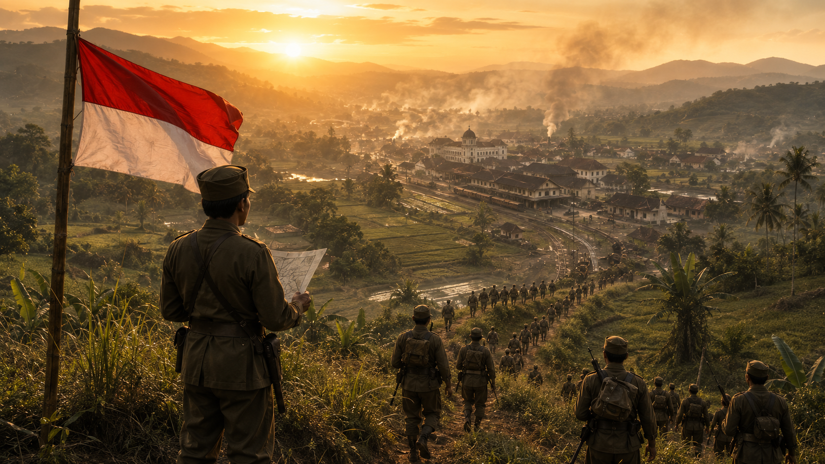 Ilustrasi fotorealistis Palagan Ambarawa pada Desember 1945 yang menampilkan strategi Supit Urang, pasukan Tentara Keamanan Rakyat (TKR), dan kepemimpinan Kolonel Soedirman dalam perjuangan mempertahankan kemerdekaan Indonesia.