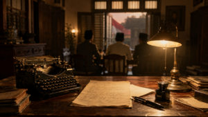Ilustrasi penyusunan Naskah Proklamasi Kemerdekaan Indonesia di rumah Laksamana Tadashi Maeda pada malam 16 Agustus 1945 dengan mesin ketik Erika dan suasana dokumenter sejarah.