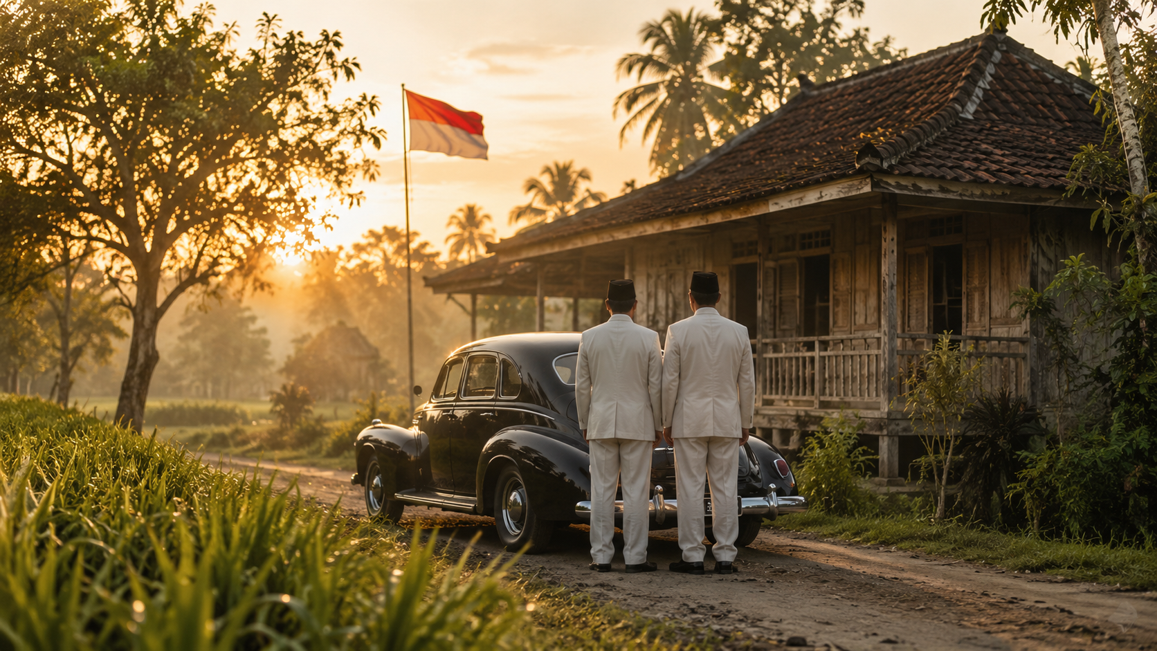 Ilustrasi Peristiwa Rengasdengklok pada 16 Agustus 1945 yang menggambarkan rumah bersejarah, kendaraan era 1940-an, dan suasana menjelang Proklamasi Kemerdekaan Indonesia.