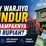 Ilustrasi berita mengenai pengunduran diri Perry Warjiyo sebagai Gubernur Bank Indonesia dengan latar Gedung Bank Indonesia, grafik pergerakan rupiah, dan headline dampak terhadap ekonomi Indonesia.
