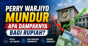 Ilustrasi berita mengenai pengunduran diri Perry Warjiyo sebagai Gubernur Bank Indonesia dengan latar Gedung Bank Indonesia, grafik pergerakan rupiah, dan headline dampak terhadap ekonomi Indonesia.