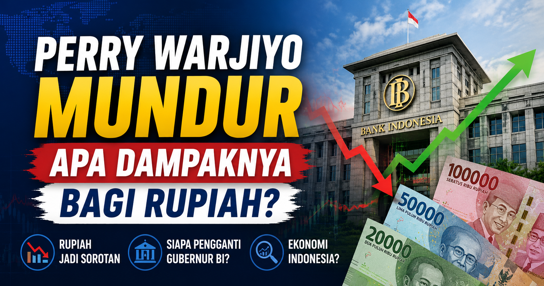 Ilustrasi berita mengenai pengunduran diri Perry Warjiyo sebagai Gubernur Bank Indonesia dengan latar Gedung Bank Indonesia, grafik pergerakan rupiah, dan headline dampak terhadap ekonomi Indonesia.