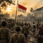 Ilustrasi dokumenter sejarah Pertempuran Medan Area tahun 1945 yang memperlihatkan pasukan Tentara Keamanan Rakyat (TKR), laskar rakyat, dan warga sipil bersatu mempertahankan kemerdekaan Indonesia dari Sekutu dan NICA di Kota Medan.