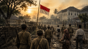 Ilustrasi dokumenter sejarah Pertempuran Medan Area tahun 1945 yang memperlihatkan pasukan Tentara Keamanan Rakyat (TKR), laskar rakyat, dan warga sipil bersatu mempertahankan kemerdekaan Indonesia dari Sekutu dan NICA di Kota Medan.
