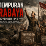 Ilustrasi fotorealistis Pertempuran Surabaya pada 10 November 1945 yang menggambarkan perjuangan rakyat Indonesia mempertahankan kemerdekaan melawan pasukan Sekutu.