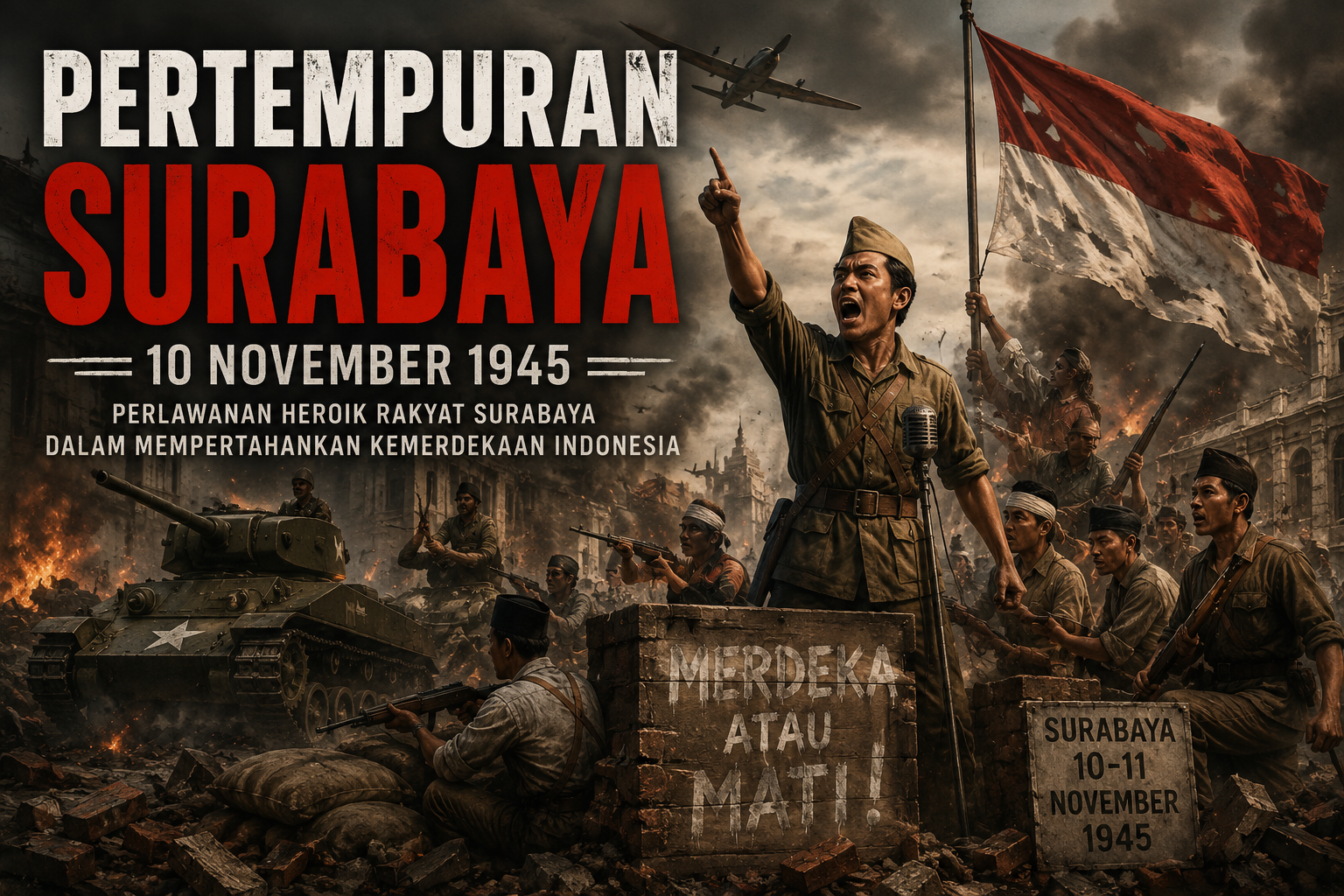 Ilustrasi fotorealistis Pertempuran Surabaya pada 10 November 1945 yang menggambarkan perjuangan rakyat Indonesia mempertahankan kemerdekaan melawan pasukan Sekutu.