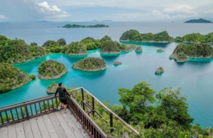 Panorama gugusan pulau karst Raja Ampat di Papua dengan laut biru jernih.