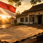 Ilustrasi sejarah Kemerdekaan Indonesia dengan naskah Proklamasi, bendera Merah Putih, dan siluet Rumah Pegangsaan Timur 56 di Jakarta.