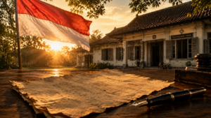 Ilustrasi sejarah Kemerdekaan Indonesia dengan naskah Proklamasi, bendera Merah Putih, dan siluet Rumah Pegangsaan Timur 56 di Jakarta.