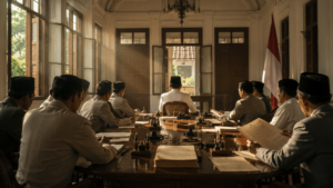 Ilustrasi Sidang PPKI 18 Agustus 1945 saat mengesahkan UUD 1945 dan membentuk pemerintahan pertama Republik Indonesia.