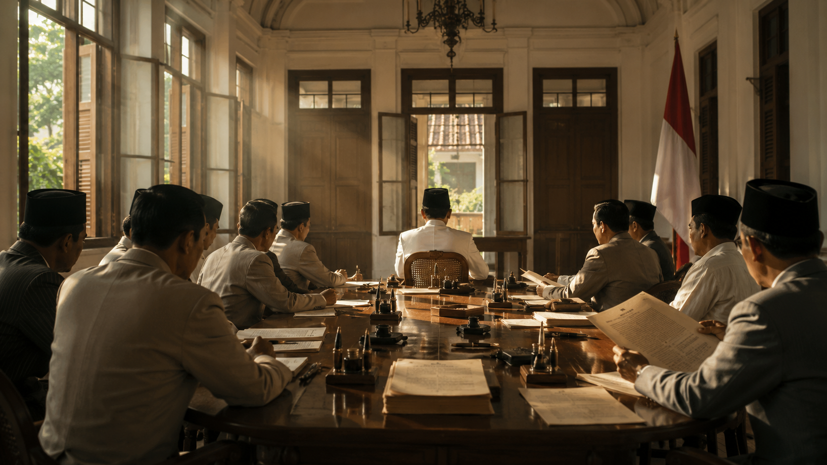 Ilustrasi Sidang PPKI 18 Agustus 1945 saat mengesahkan UUD 1945 dan membentuk pemerintahan pertama Republik Indonesia.