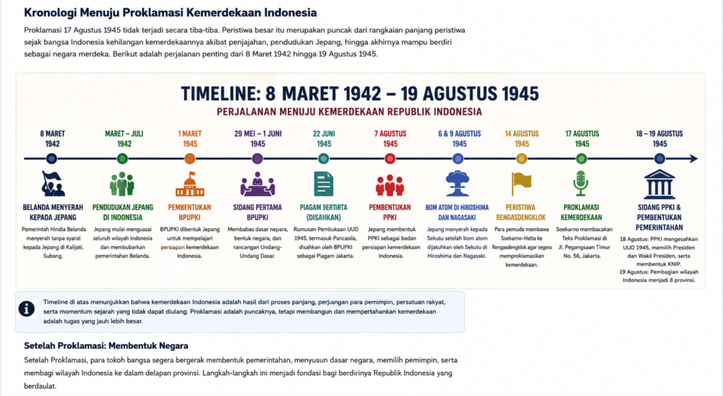 Timeline menuju Proklamasi Kemerdekaan Indonesia dari pendudukan Jepang pada 1942 hingga pembentukan pemerintahan Republik Indonesia pada 19 Agustus 1945.