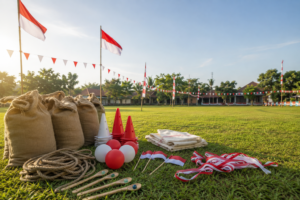 Peralatan lomba 17 Agustus tersusun rapi di lapangan sebagai ilustrasi persiapan perayaan Hari Ulang Tahun ke-81 Republik Indonesia Tahun 2026.