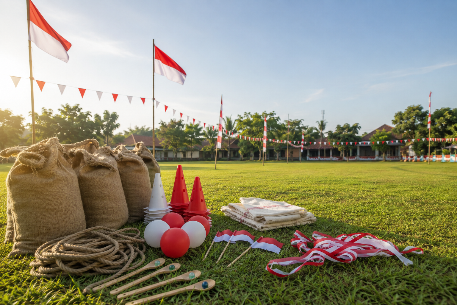 Peralatan lomba 17 Agustus tersusun rapi di lapangan sebagai ilustrasi persiapan perayaan Hari Ulang Tahun ke-81 Republik Indonesia Tahun 2026.
