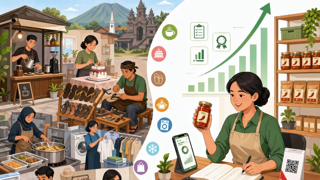 Ilustrasi berbagai peluang usaha di Indonesia seperti kuliner, UMKM, pertanian, jasa perbaikan, toko sembako, dan bisnis digital yang berpotensi berkembang saat ekonomi melambat.