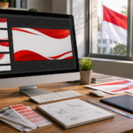 Ilustrasi studio desain grafis modern dengan proses pembuatan banner merah putih untuk peringatan HUT ke-81 Republik Indonesia Tahun 2026.