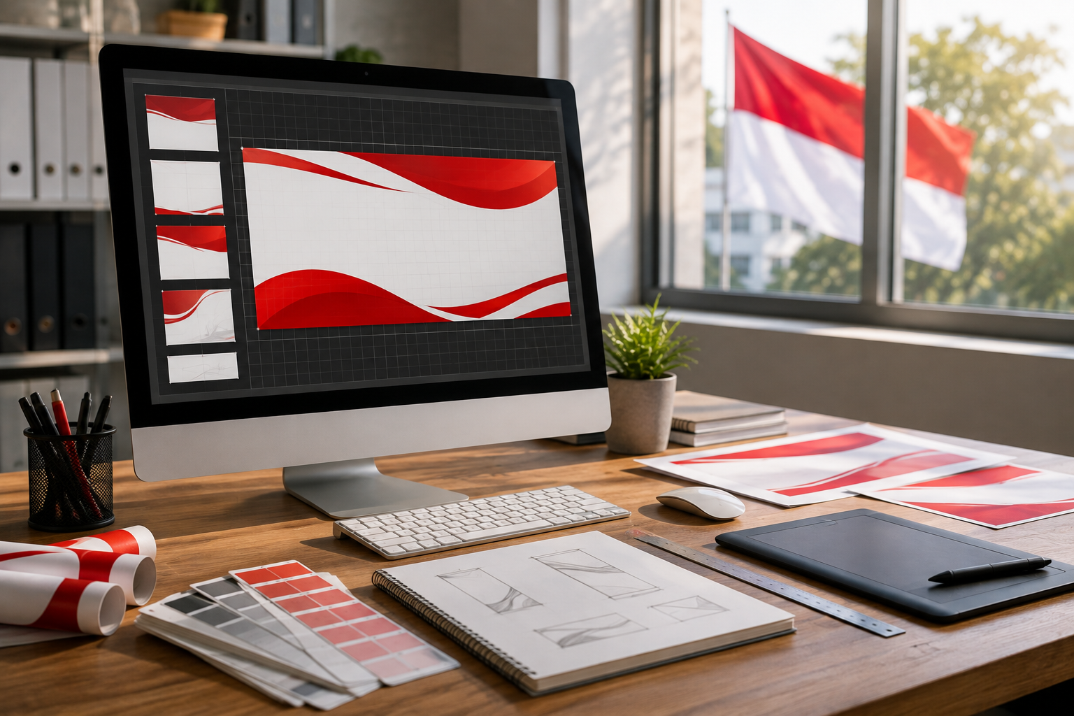 Ilustrasi studio desain grafis modern dengan proses pembuatan banner merah putih untuk peringatan HUT ke-81 Republik Indonesia Tahun 2026.
