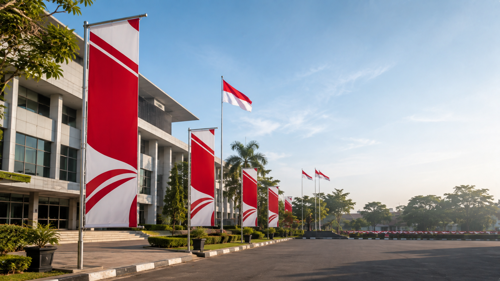 Ilustrasi banner merah putih bertema Hari Ulang Tahun ke-81 Republik Indonesia terpasang di area perkantoran sebagai inspirasi desain banner HUT RI 2026.