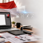 Ilustrasi meja kerja desainer grafis dengan laptop dan dokumen digital sebagai representasi artikel download logo resmi HUT RI ke-81 Tahun 2026.