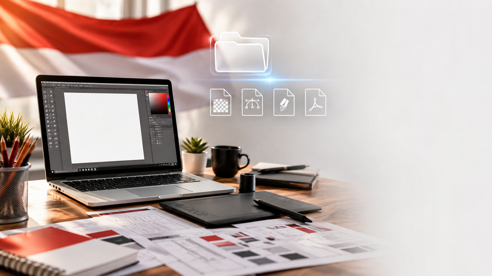 Ilustrasi meja kerja desainer grafis dengan laptop dan dokumen digital sebagai representasi artikel download logo resmi HUT RI ke-81 Tahun 2026.