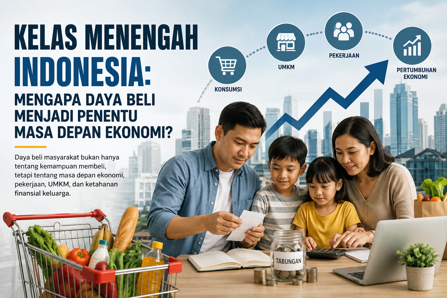 Ilustrasi keluarga kelas menengah Indonesia mengatur keuangan dan daya beli di tengah perubahan ekonomi
