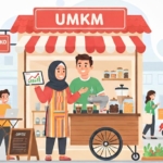 Ilustrasi pelaku UMKM Indonesia menjalankan usaha di tengah ketidakpastian ekonomi dengan latar grafik pertumbuhan dan aktivitas bisnis.