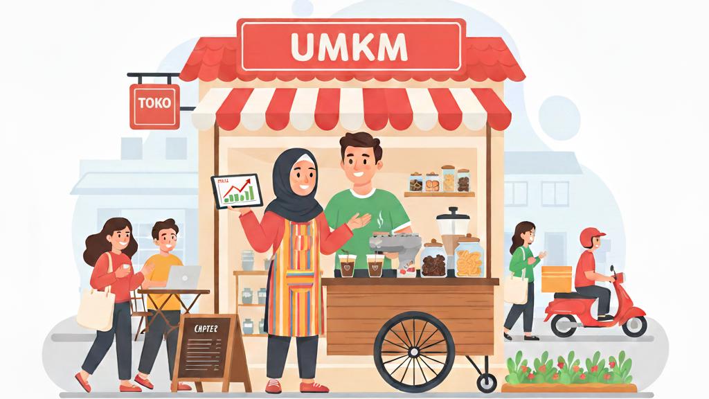 Ilustrasi pelaku UMKM Indonesia menjalankan usaha di tengah ketidakpastian ekonomi dengan latar grafik pertumbuhan dan aktivitas bisnis.