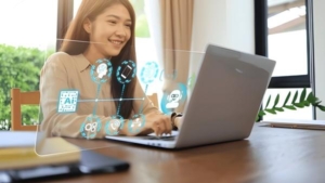 Ilustrasi seorang profesional Indonesia menggunakan teknologi AI di laptop untuk membuat konten, mengelola website, menganalisis data, dan mengembangkan bisnis digital.