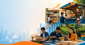 Ilustrasi berbagai peluang usaha yang berpotensi berkembang saat kondisi ekonomi melambat pada 2027, mulai dari kuliner, jasa, pertanian, hingga bisnis digital.