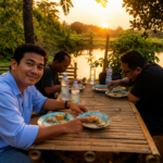 Tiga pria menikmati makan bersama di tepi danau saat senja