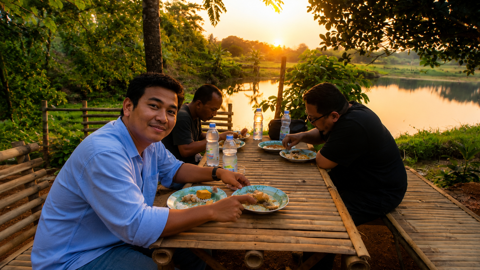 Tiga pria menikmati makan bersama di tepi danau saat senja