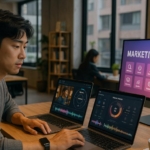 Pelaku UMKM Indonesia menggunakan laptop, smartphone, marketplace, media sosial, dan pembayaran digital untuk mengembangkan bisnis di era digital.