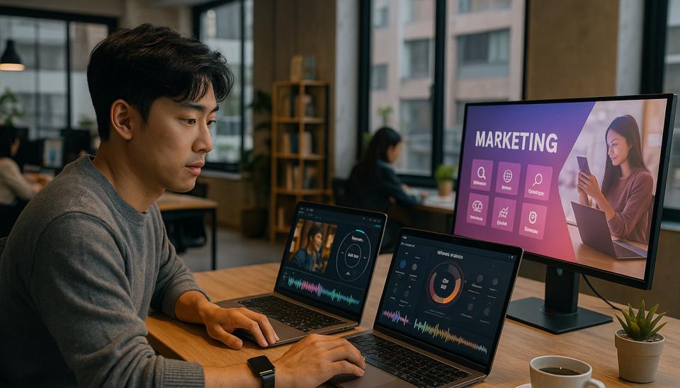 Pelaku UMKM Indonesia menggunakan laptop, smartphone, marketplace, media sosial, dan pembayaran digital untuk mengembangkan bisnis di era digital.