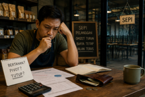 Pemilik usaha mengevaluasi bisnis yang sepi dan kondisi keuangan
