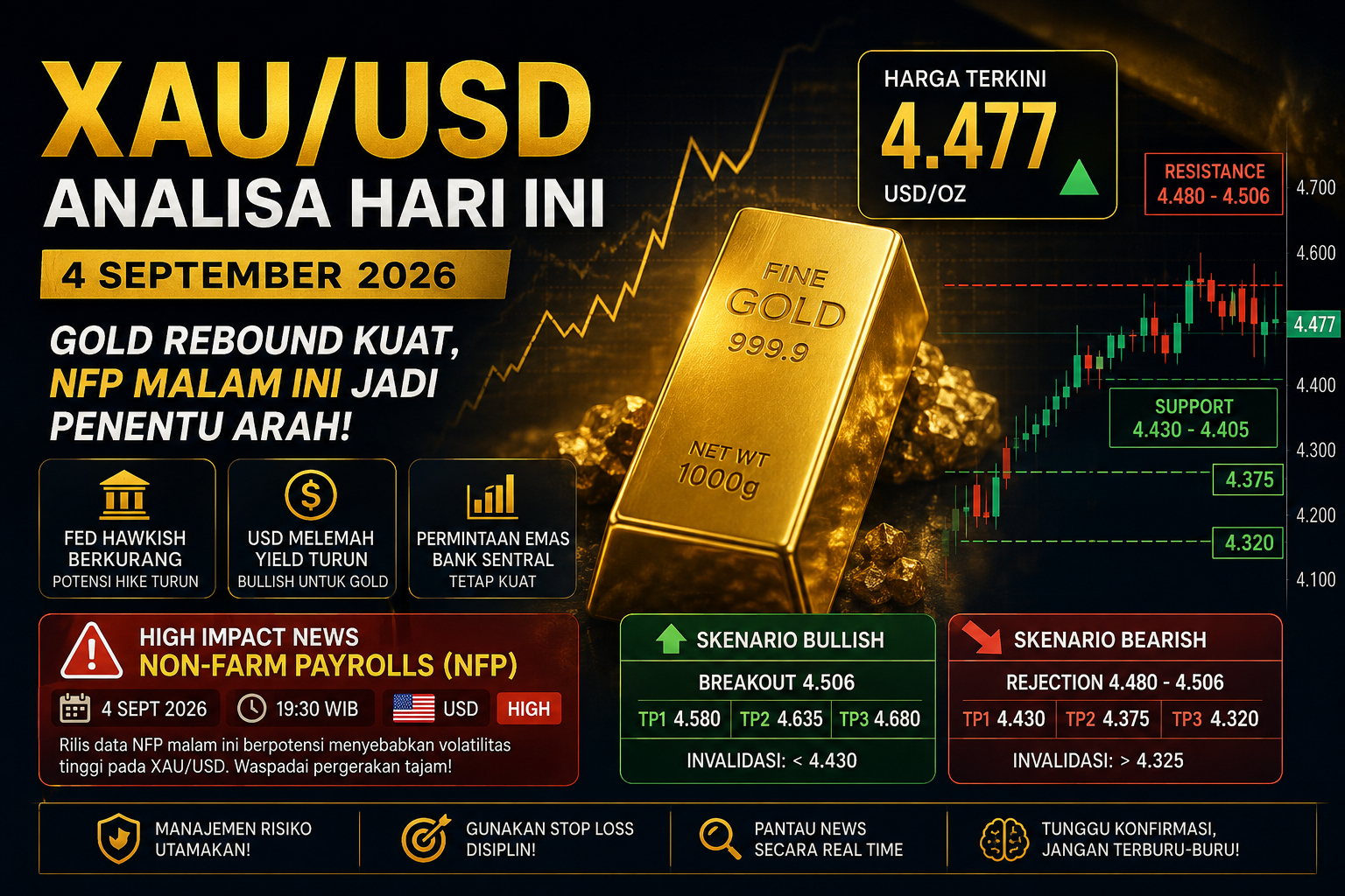 Analisa XAU/USD hari ini 4 September 2026 menjelang NFP